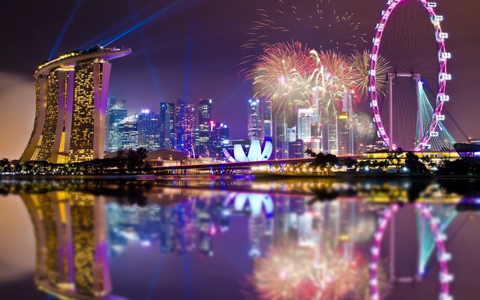 Singapore cityscape with fireworks and Marina Bay Sands