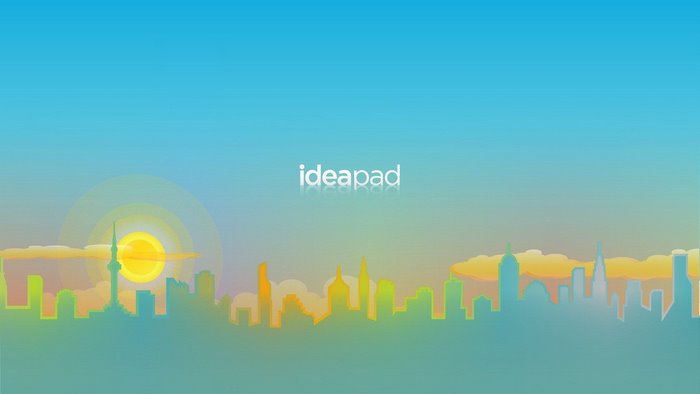 Lenovo Ideapad logo over a city skyline at sunrise