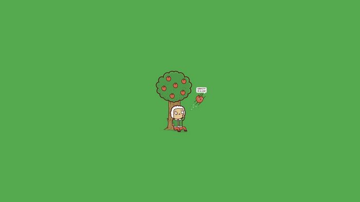 Isaac Newton and an apple discussing gravity
