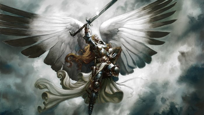 Angel warrior with sword and shield in clouds