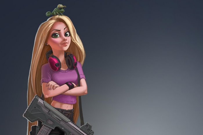 Rapunzel with a rifle and chameleon