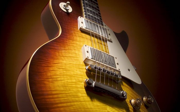 Close-up of a sunburst electric guitar