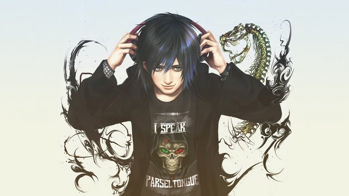 Anime boy with headphones and dragon from Harry Potter