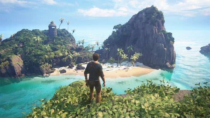 Nathan Drake from Uncharted 4: A Thief's End on a tropical island