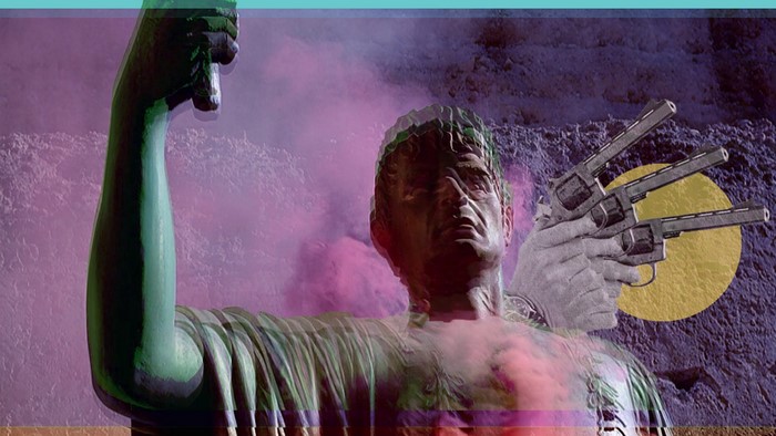 Statue of a man with guns and smoke