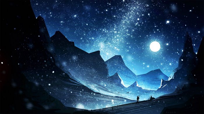 Digital art of mountains under a starry night sky