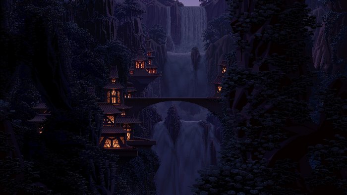 Pixel art fantasy village with waterfalls and bridge