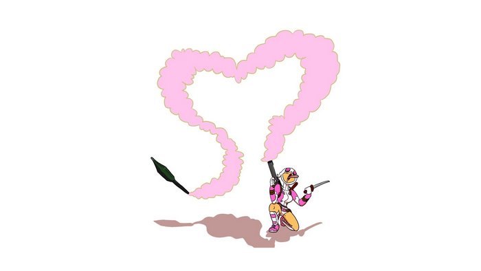Gwenpool with pink heart smoke and weapon