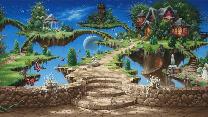 Fairy tale floating islands with butterflies and rabbits