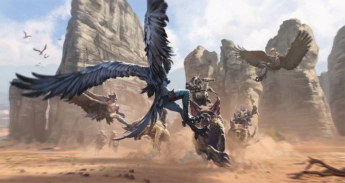 Fantasy art of harpies and riders in a desert canyon