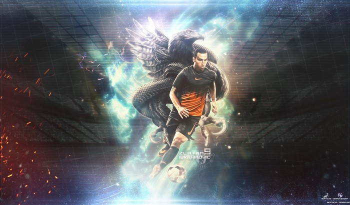 Zlatan Ibrahimović with a dragon and soccer ball