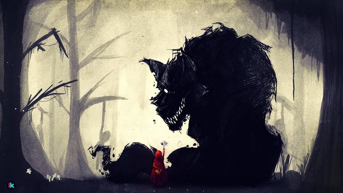 Little Red Riding Hood confronts a monstrous wolf in a dark forest