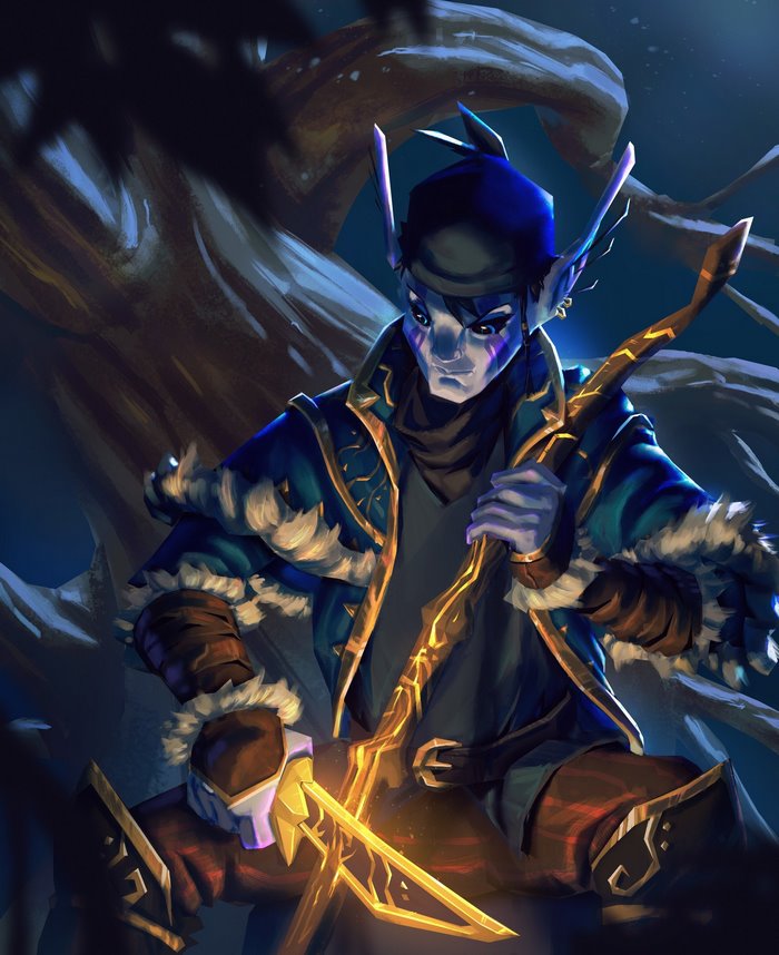 Elf with glowing staff and sword in forest