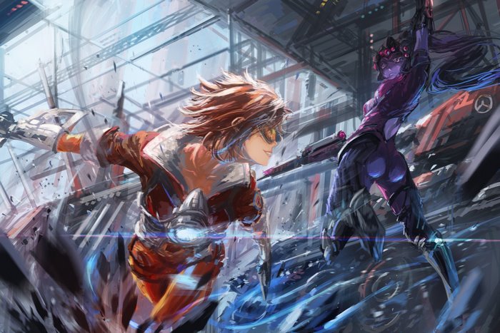 Tracer and Widowmaker from Overwatch fighting