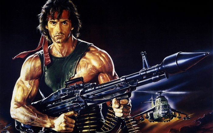 Rambo with Machine Gun and Helicopter