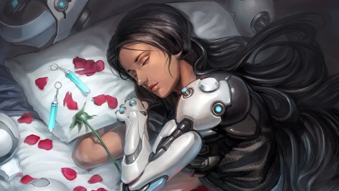 Symmetra from Overwatch sleeping with rose petals