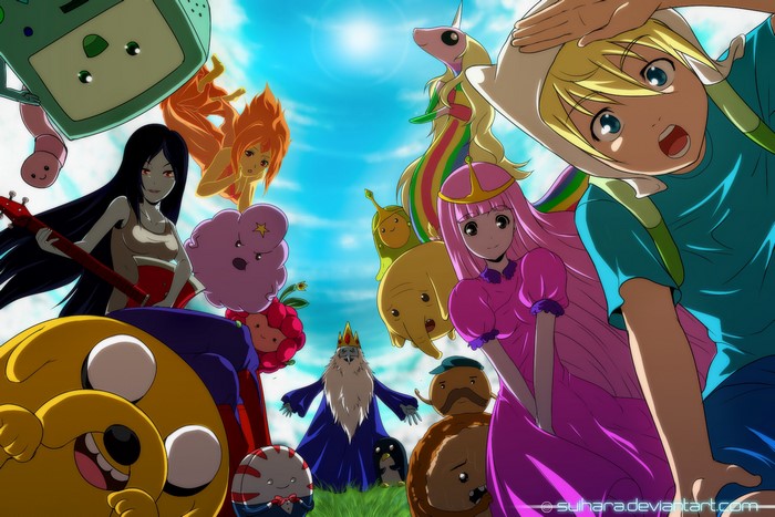 Adventure Time characters Finn, Jake, Princess Bubblegum, Marceline, Ice King, BMO, Flame Princess, Lady Rainicorn