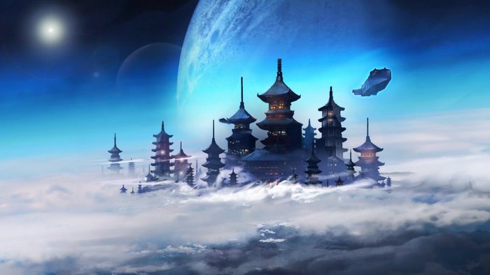 Futuristic Asian Architecture in Space