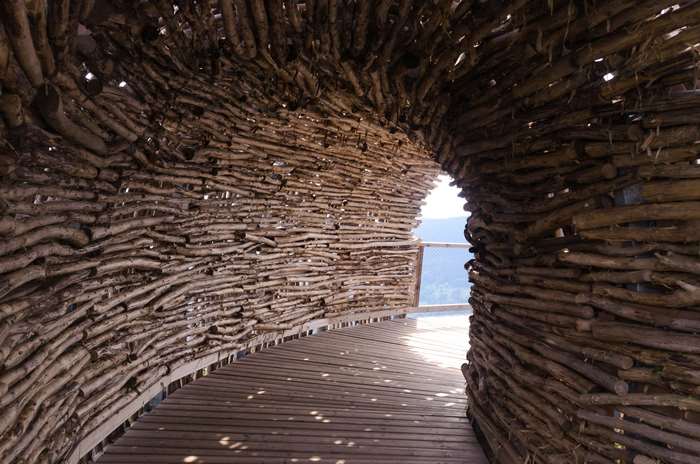 Wooden tunnel structure with a wooden walkway