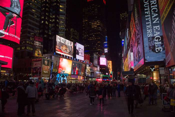 Times Square at night with American Eagle Outfitters billboard
