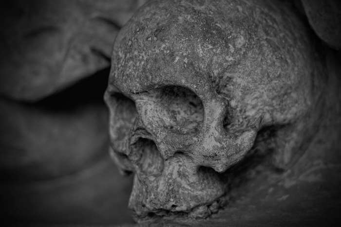 Stone sculpture of a skull