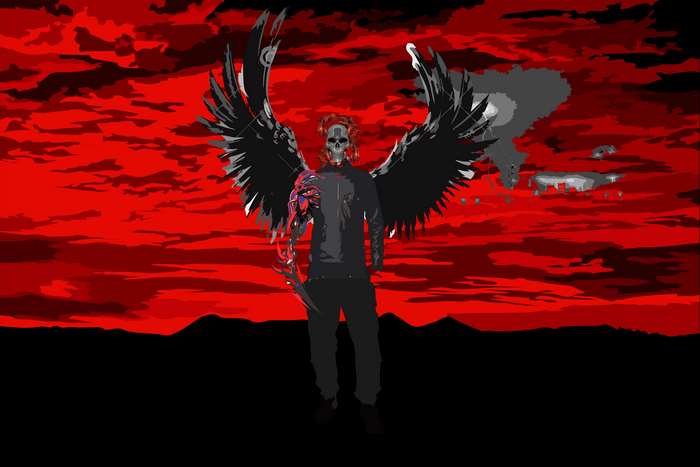 Angel with skull face and mechanical arm in hell 4K