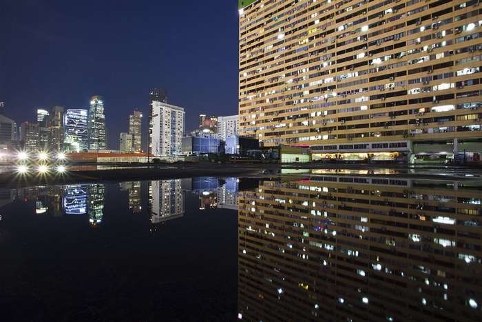 Cityscape with reflections at night