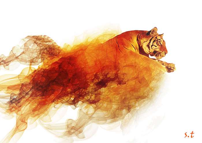 Tiger engulfed in fiery smoke