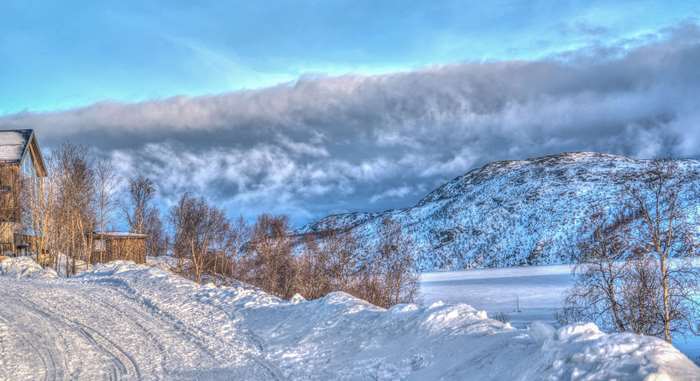 Winter landscape with snow-covered hills and trees