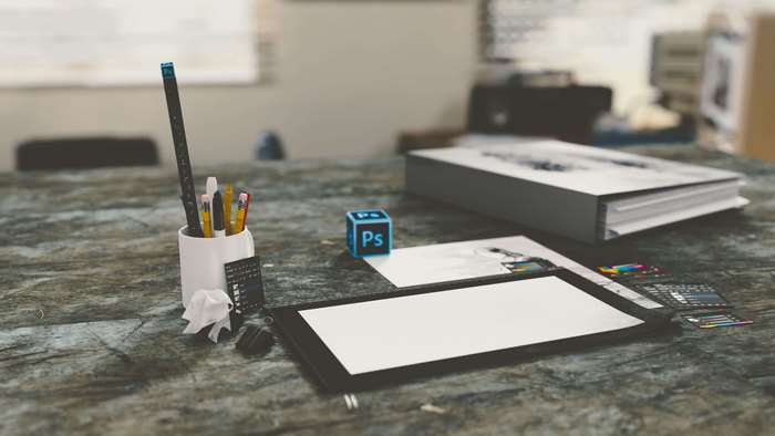 Adobe Photoshop Workspace with Drawing Tablet 4K