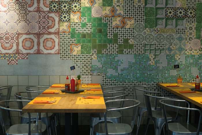 Restaurant tables and chairs with patterned wall