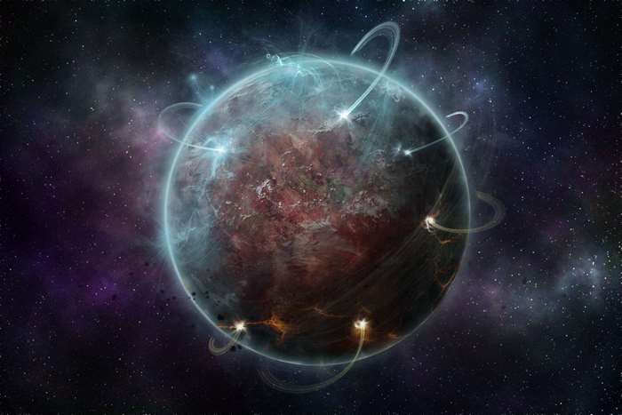 Planet with rings and energy beams in space 4K