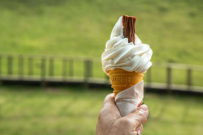 Hand holding a soft serve ice cream cone with chocolate