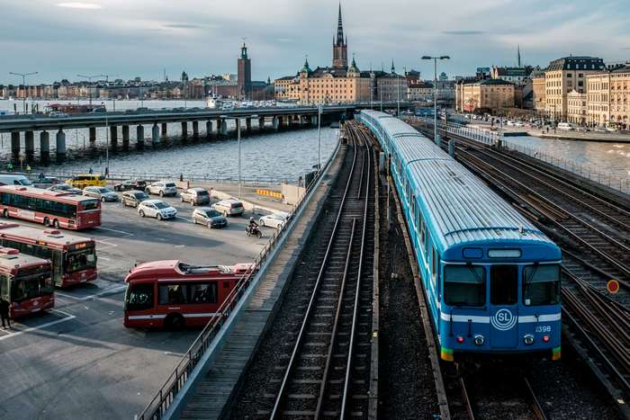 Stockholm city with trains and buses at Slussen