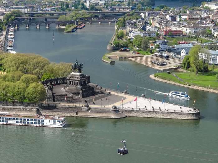 Deutsches Eck monument and rivers in Koblenz, Germany 4K