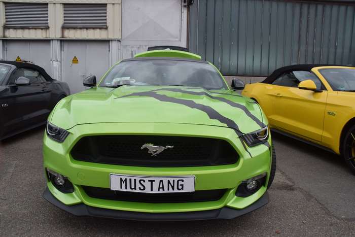 Green Ford Mustang with black stripes