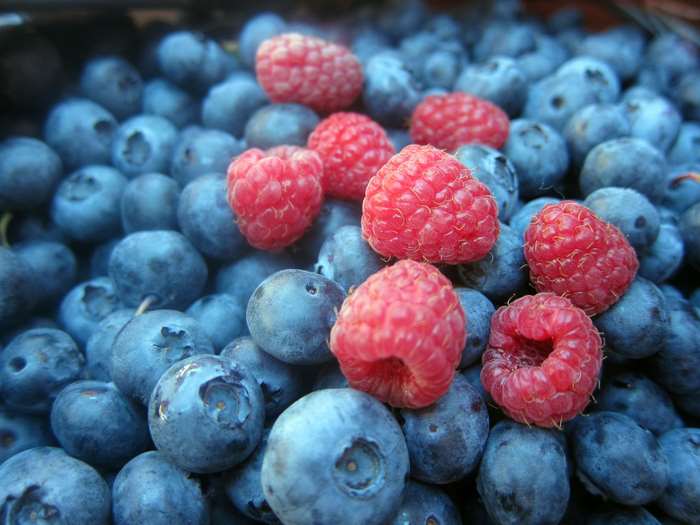 Close-up of blueberries and raspberries