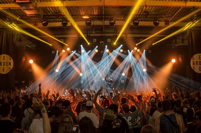 Concert crowd with stage lights and performer