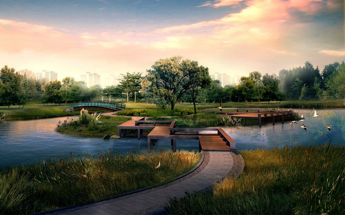 3D nature landscape with a lake and park