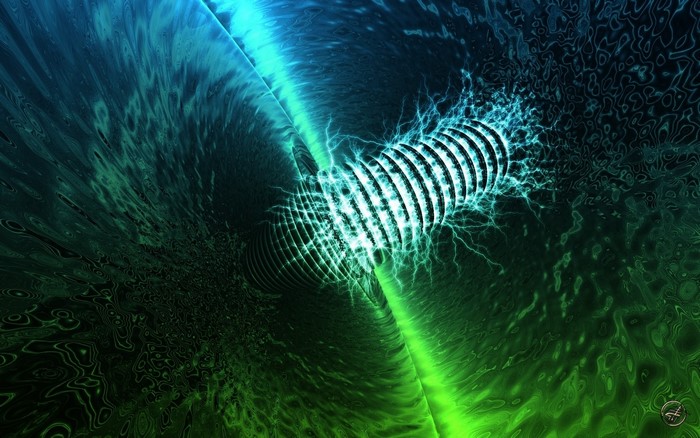 Abstract swirling vortex with glowing coil and lightning