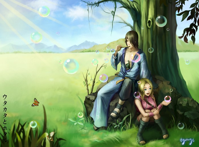 Utakata and Hotaru from Naruto blowing bubbles
