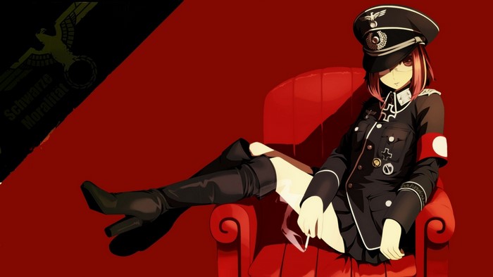 Anime girl in military uniform sitting in a chair