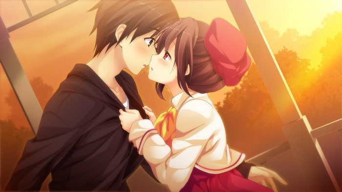 Anime couple kissing at sunset