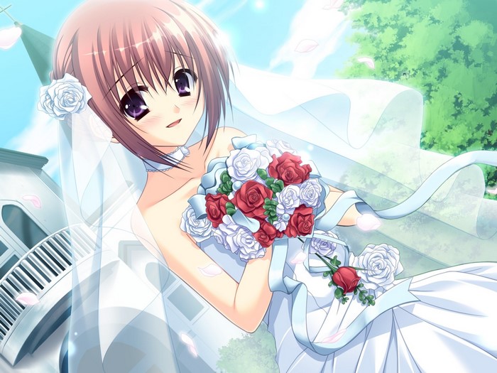 Girl in Wedding Dress Holding Bouquet