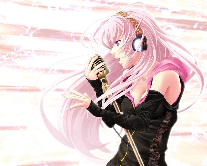 Megurine Luka singing with a microphone and headphones
