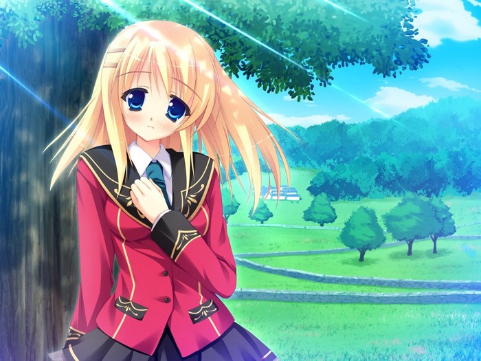 Anime girl in school uniform in a park