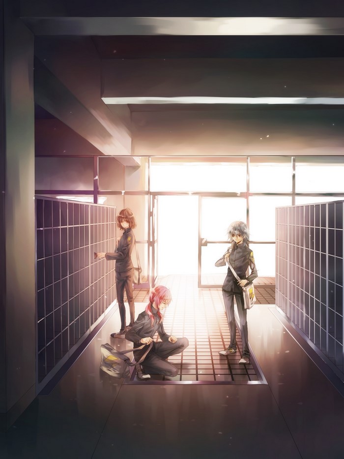 Anime students in a school corridor with lockers