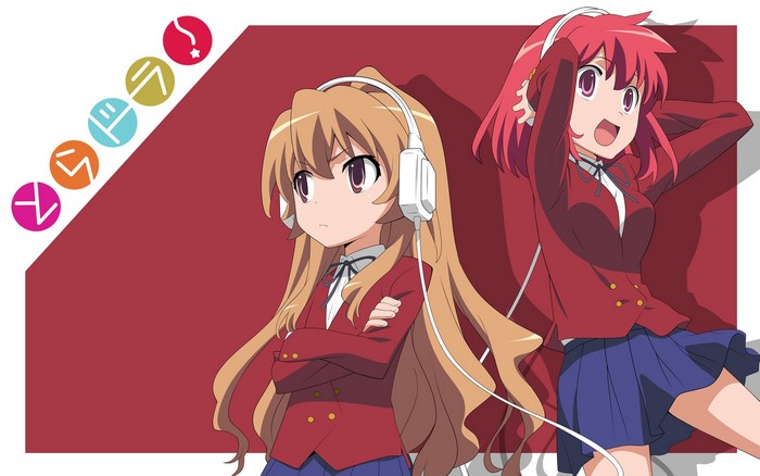 Taiga Aisaka and Minori Kushieda from Toradora! wearing headphones