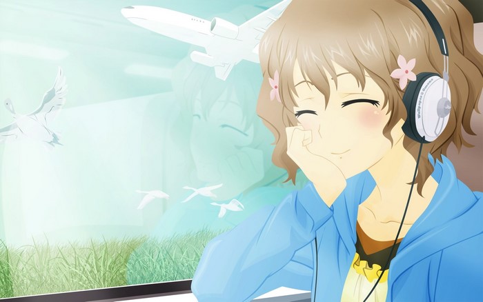 Anime girl with headphones listening to music near a window