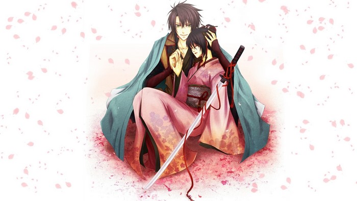 Two anime characters, one in a kimono, with a sword